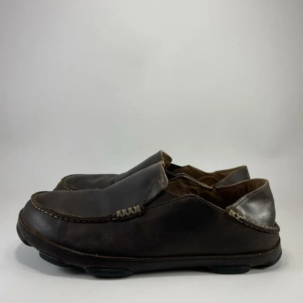 OluKai Moloa Dark Wood Leather Loafers Slip On Casual Shoes Mens Size 8 Hawaiian